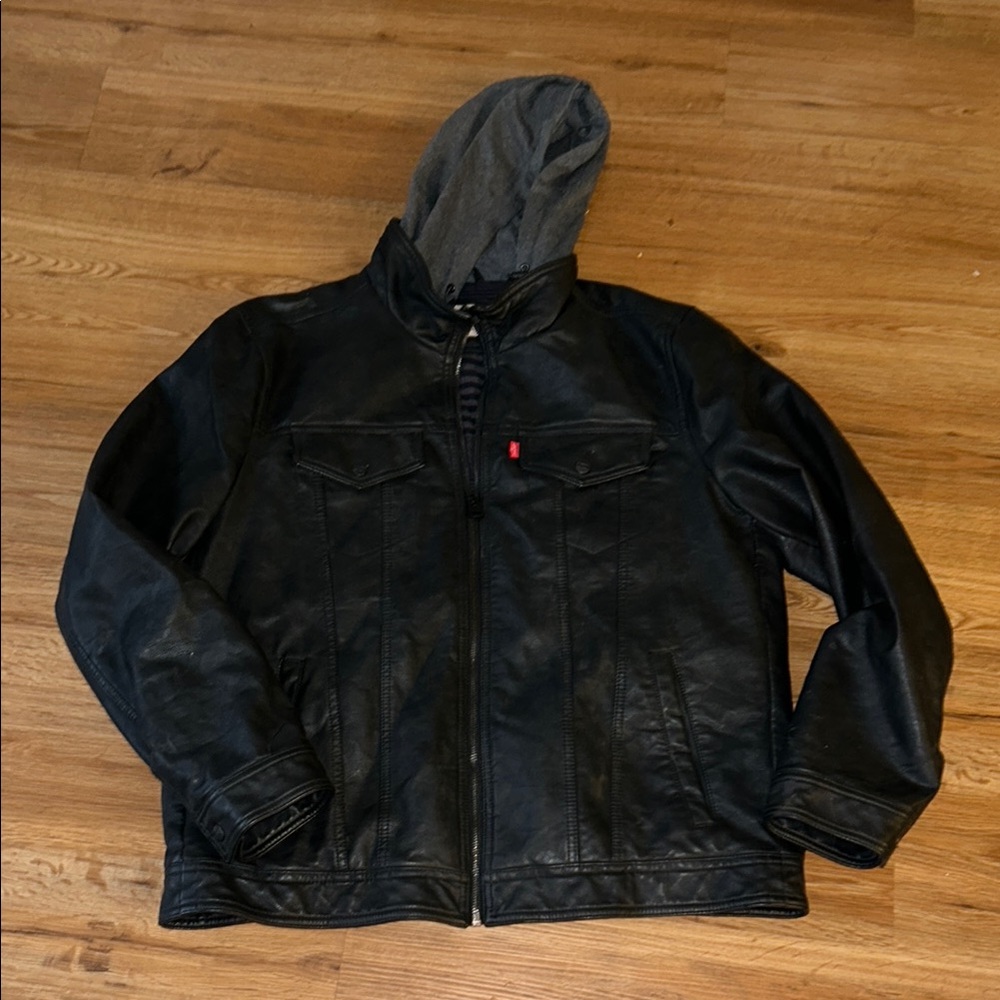 Levi’s Men's Black Leather Jacket with Hood